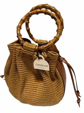 NWT CATERINA BERTINI Made in Italy Bamboo Handle Woven Bucket Bag Leather Trim